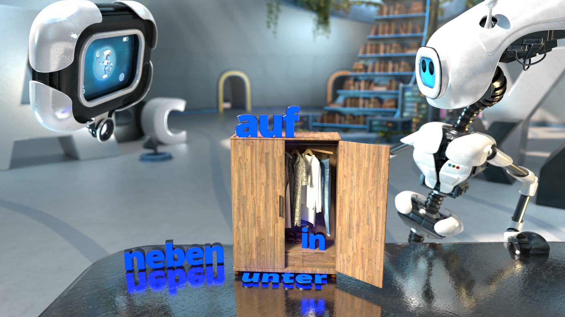 Zwei weiße Roboter mit blauen Augen betrachten einen offenen Holzschrank mit Kleidung und blauen 3D-Wörtern 'auf', 'neben', 'in', 'unter'