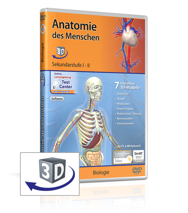 DVD-Hülle für 'Anatomie des Menschen 3D' mit einem 3D-Modell des menschlichen Körpers und Herz.