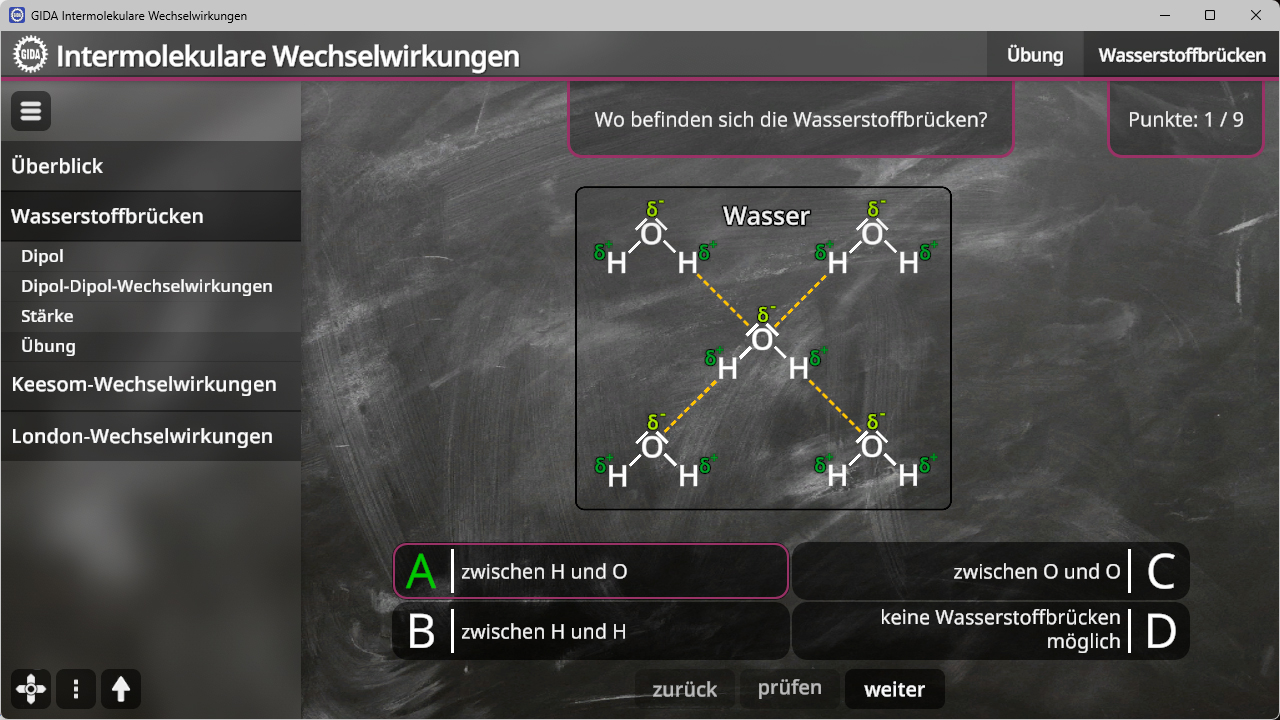 Schwarz-weiße schematische Darstellung von vier Wassermolekülen mit hervorgehobenen Wasserstoffbrücken zwischen Sauerstoff- und Wasserstoffatomen