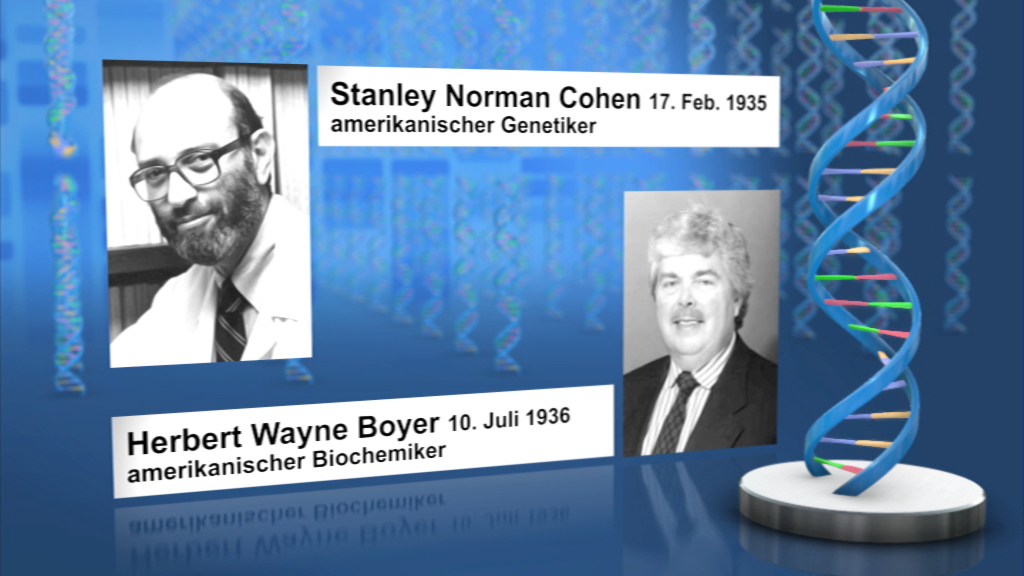 Porträts von Stanley Norman Cohen, amerikanischer Genetiker, und Herbert Wayne Boyer, amerikanischer Biochemiker, mit Geburtsdaten.