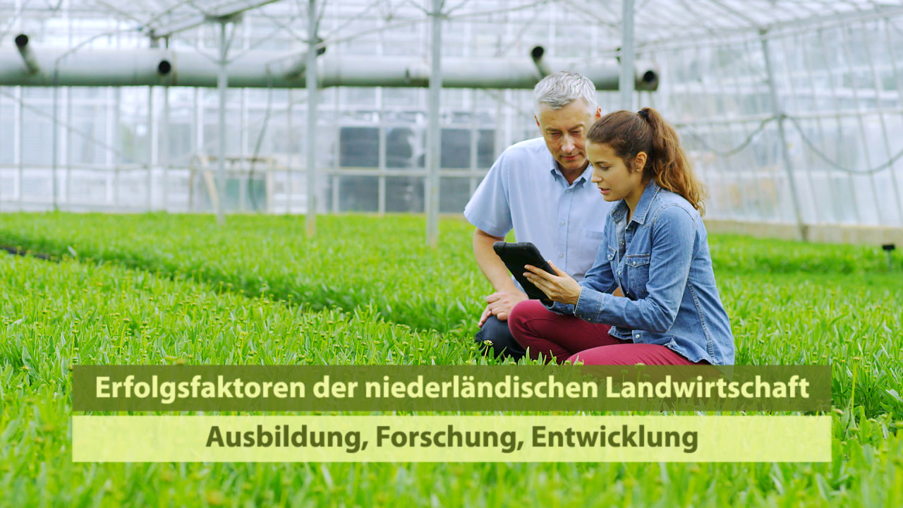 Zwei Personen in einem Gewächshaus, die auf ein Tablet schauen, umgeben von grünen Pflanzen.