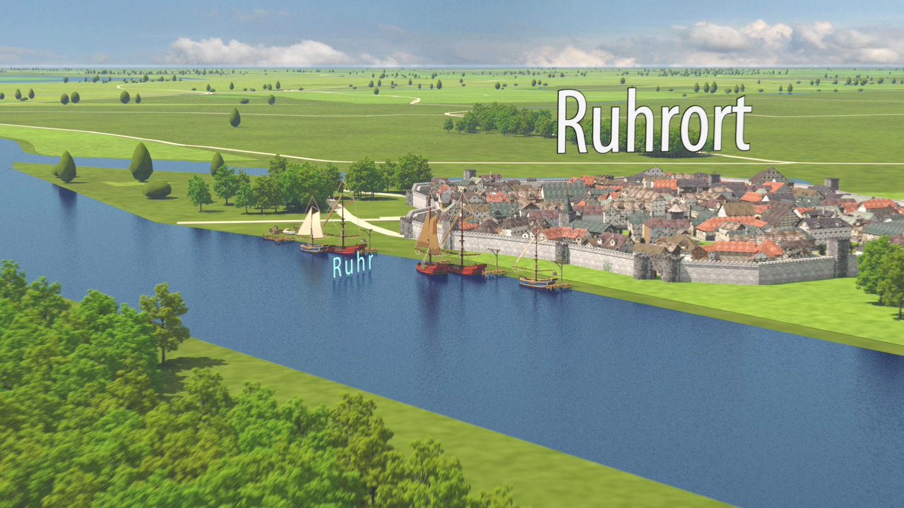 Eine digitale Darstellung von Ruhrort mit einem Fluss und Schiffen im Vordergrund, umgeben von grünen Wiesen und Bäumen.