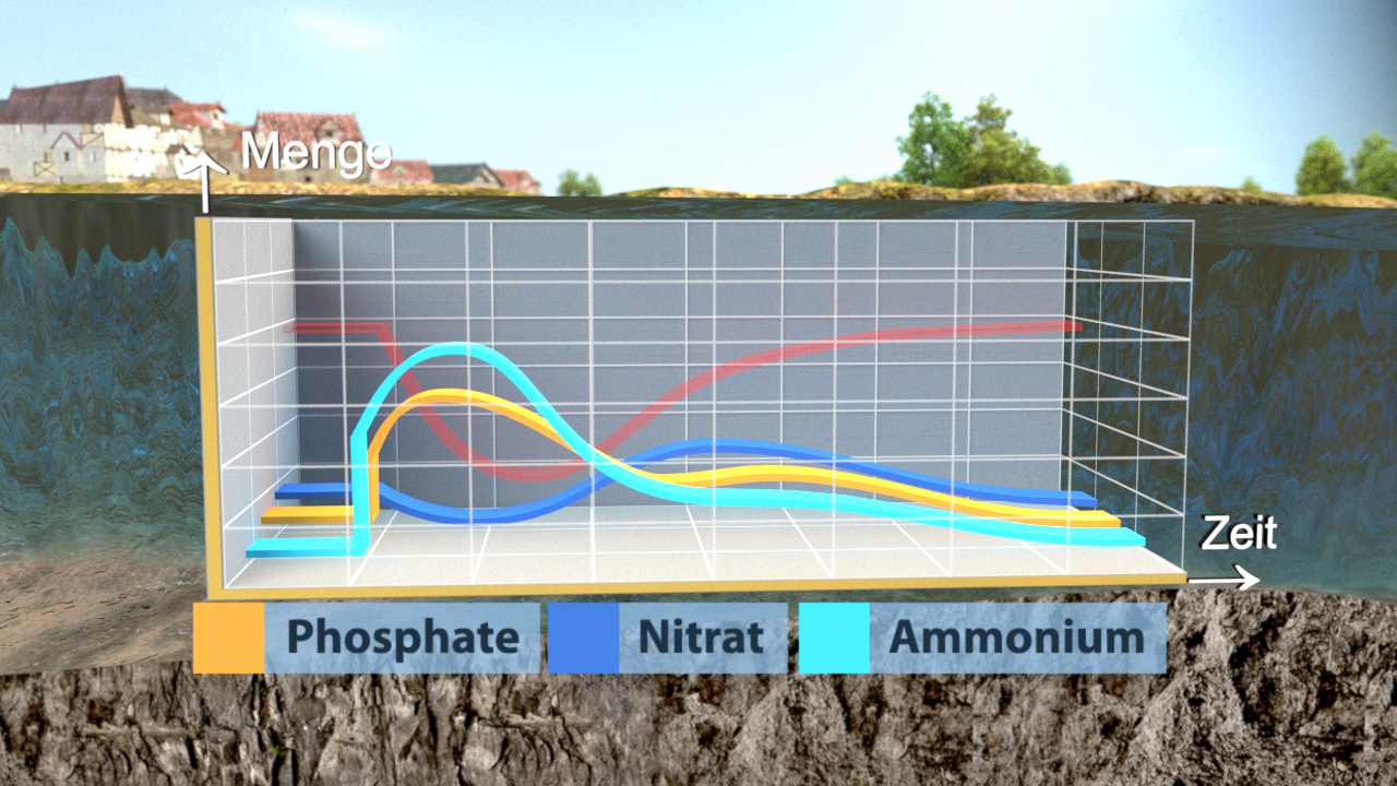 Diagramm zeigt den Verlauf von Phosphat, Nitrat und Ammonium über die Zeit.