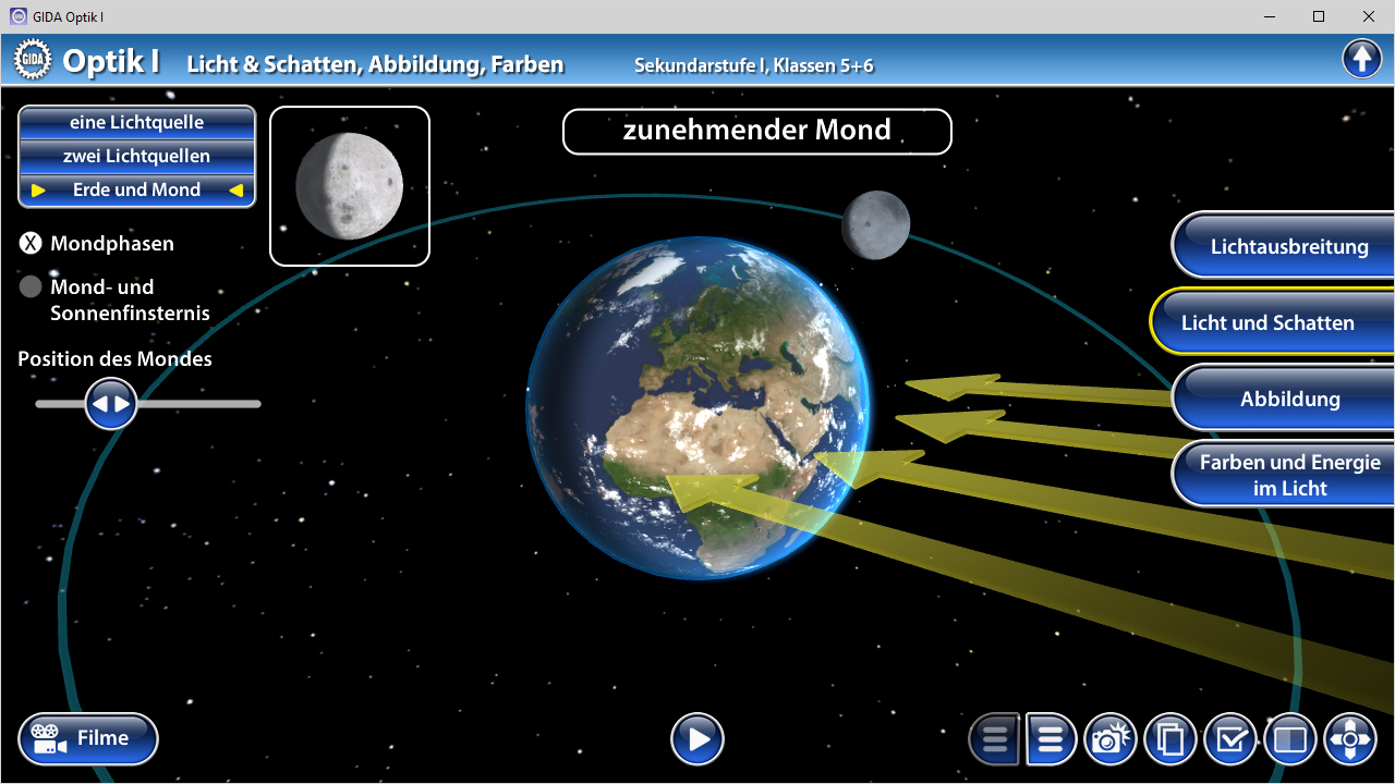 Interaktive Darstellung der Mondphasen und Lichtverhältnisse, mit Erde und Mond im Fokus.