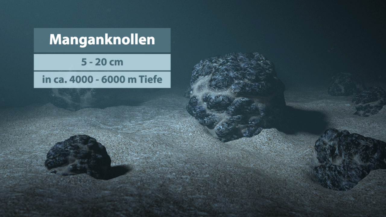 3D-Darstellung von Manganknollen auf dem Meeresboden, mit Textinformationen über Größe und Tiefe.