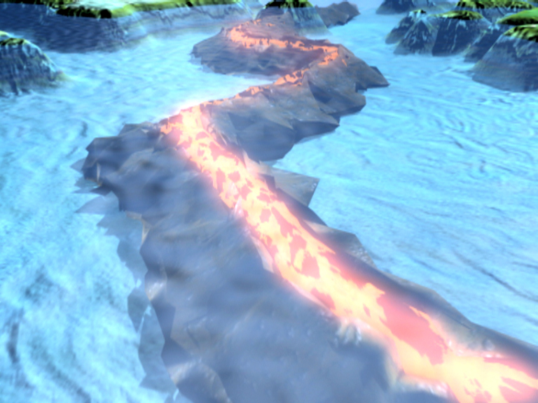 Lavafluss, der durch eine Wasserlandschaft fließt, umgeben von felsigen Ufern.
