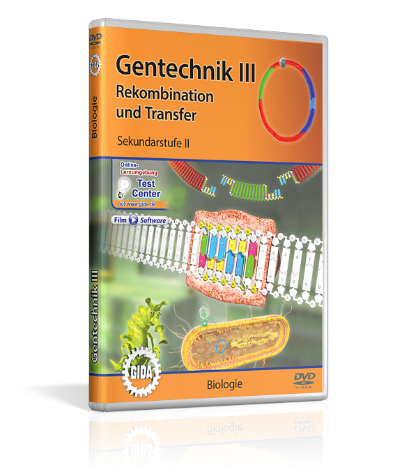 DVD-Cover mit dem Titel 'Gentechnik Drei" für Sekundarstufe 2. Es zeigt Vorgänge an DNA-Strukturen.