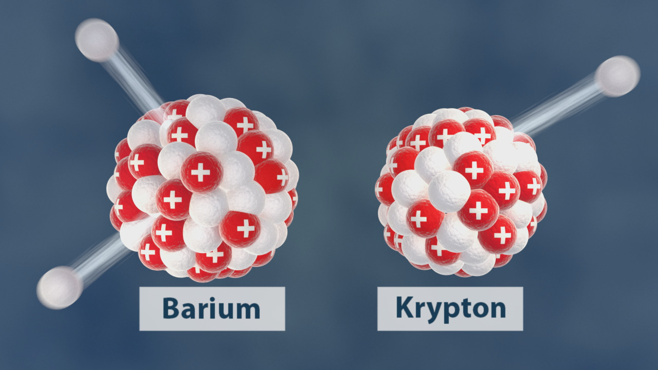 Darstellung der Atomkerne von Barium und Krypton mit Protonen und Neutronen.