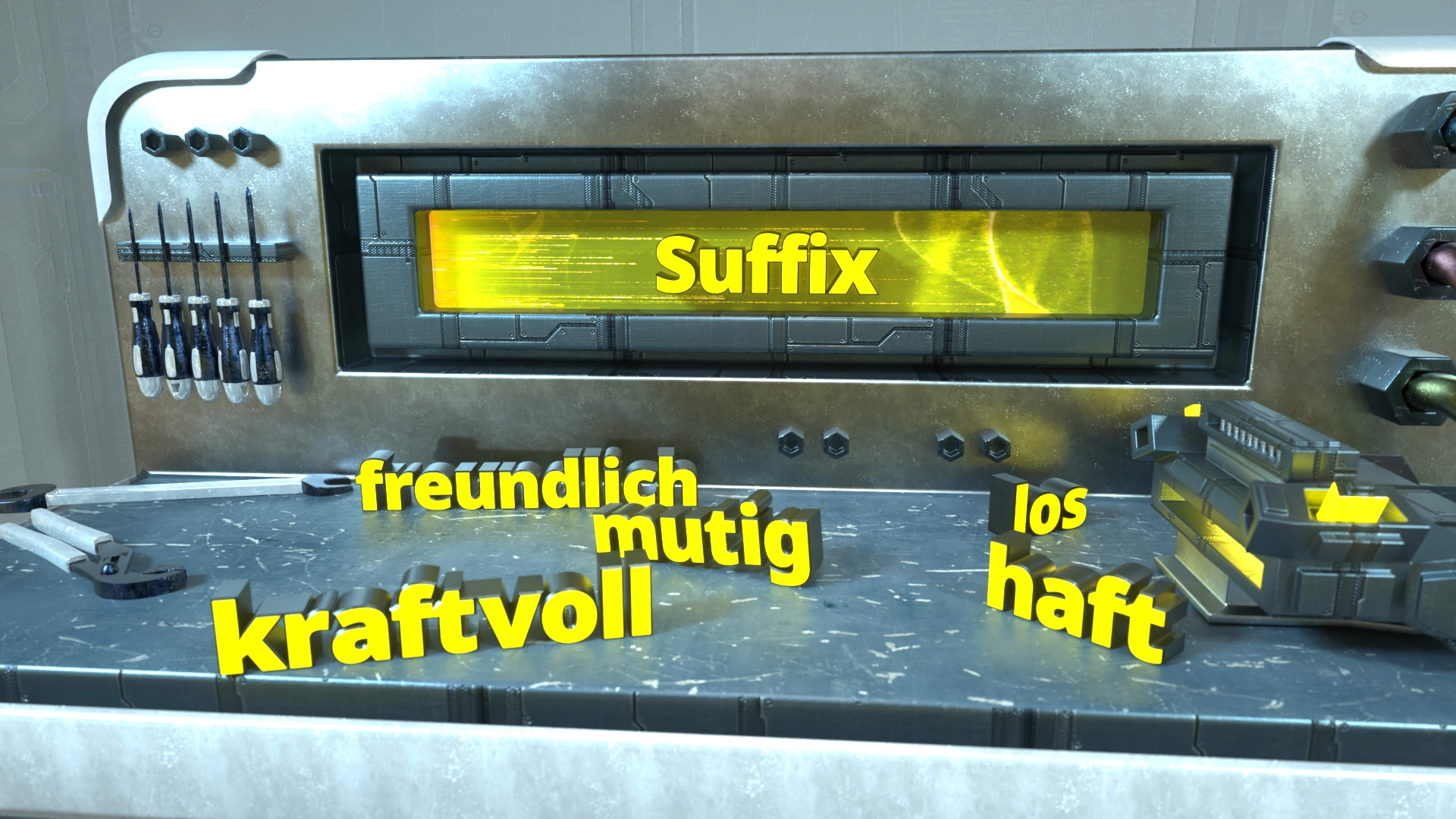 Werkbank mit gelben Wörtern 'Suffix', 'freundlich', 'mutig', 'kraftvoll', 'los', 'haft' in 3D-Blockschrift