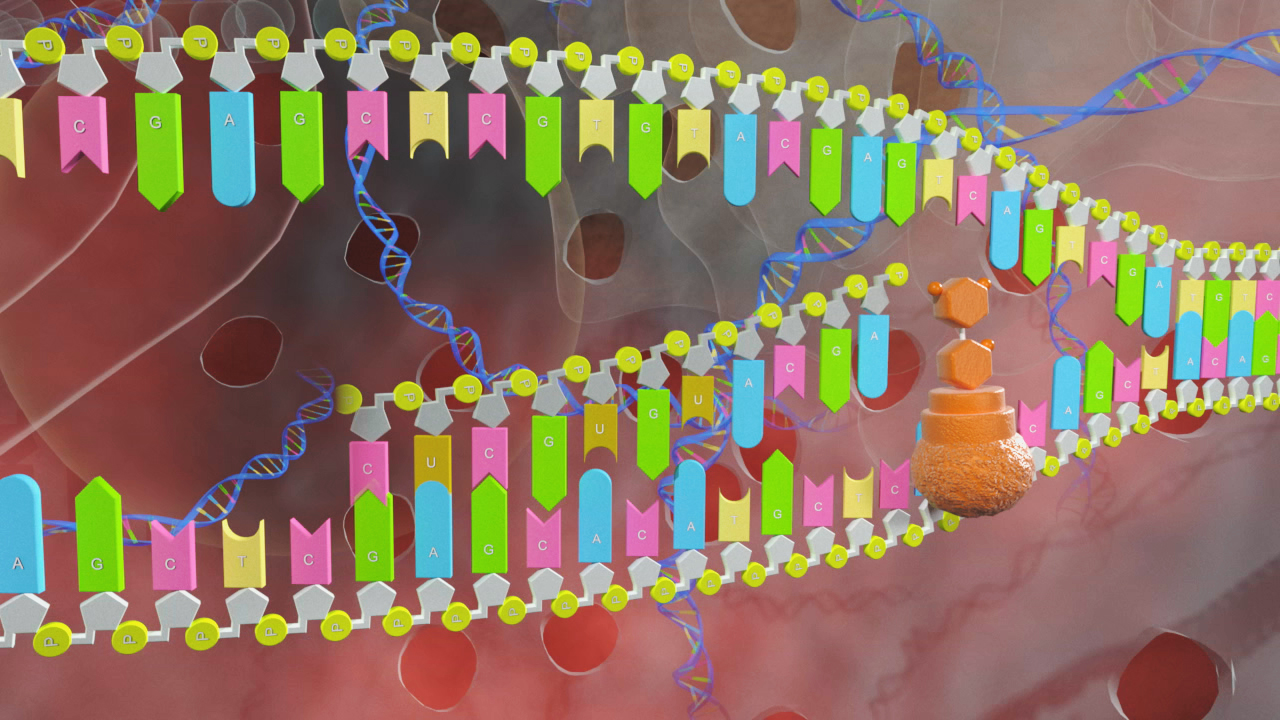Grafik einer DNA-Doppelhelix mit farbigen Basenpaaren und Zellstrukturen im Hintergrund.