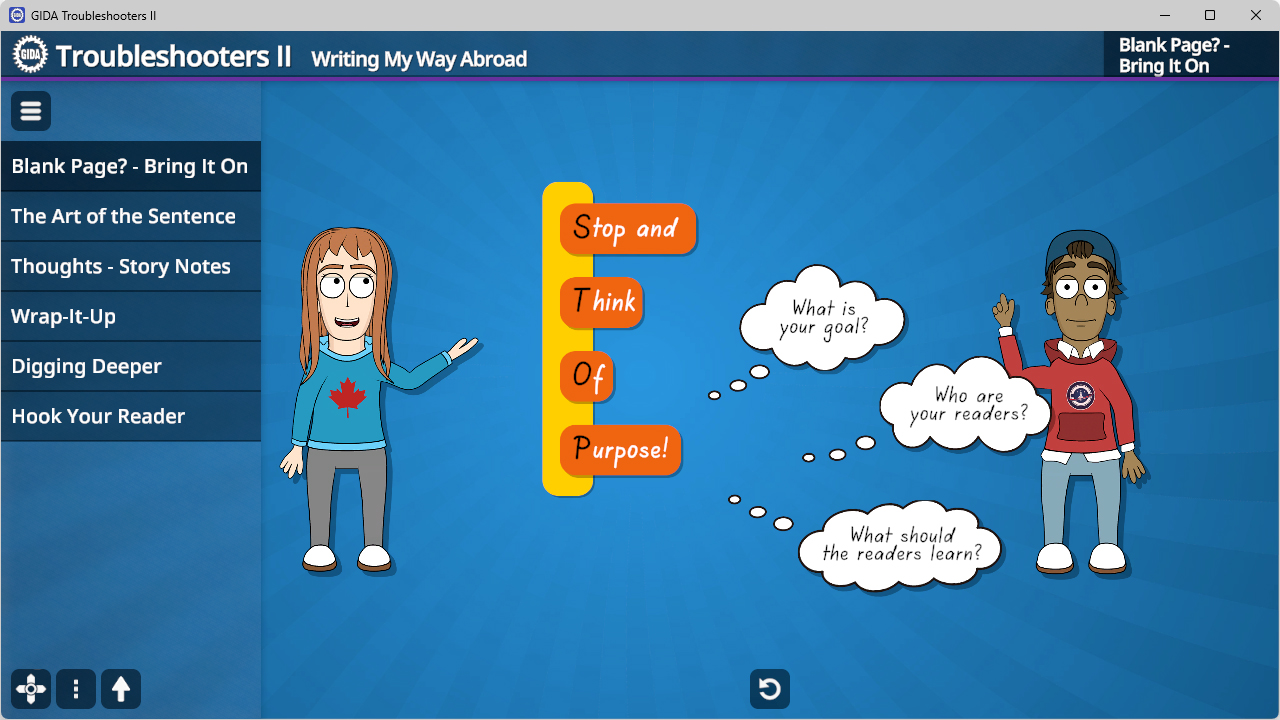 Zwei Figuren mit Pullovern, eine mit Ahornblatt, Sprechblasen mit Fragen zu Ziel und Lesern, Text 'Stop and Think Of Purpose!' in orangefarbenen Kästchen.