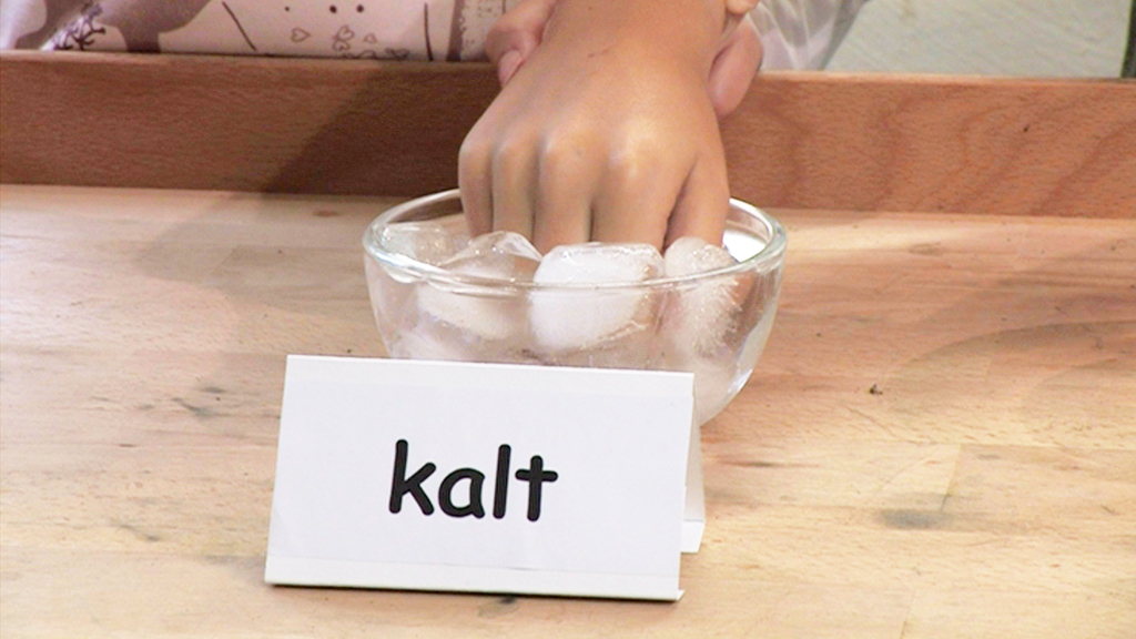 Eine Hand steckt in einer Schüssel mit Eiswürfeln, daneben steht ein Schild mit der Aufschrift 'kalt'.