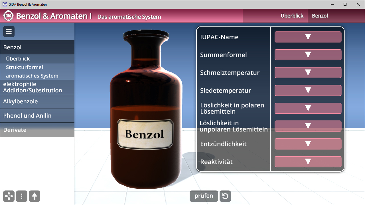 Ein interaktives Lernmodul über Benzol, zeigt eine Flasche und chemische Eigenschaften wie IUPAC-Name, Summenformel und Siedetemperatur.