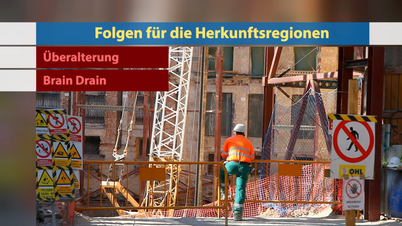 Baustelle mit einem Arbeiter in orangefarbener Sicherheitskleidung, umgeben von Warnschildern und Baugeräten. Text: 'Folgen für die Herkunftsregionen: Überalterung, Brain Drain.'