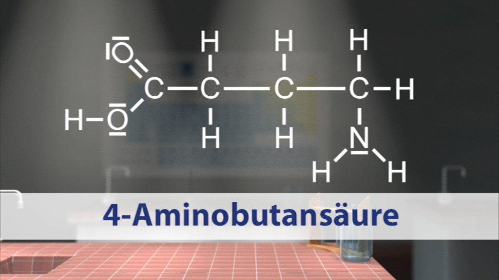 Chemische Struktur von 4-Aminobutansäure mit Atomen und Bindungen dargestellt.