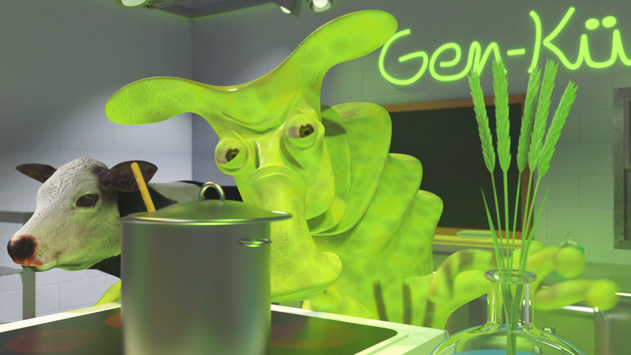 Eine grüne, cartoonartige Figur mit einem besorgten Gesichtsausdruck steht neben einer Kuh in einer modernen Küche.