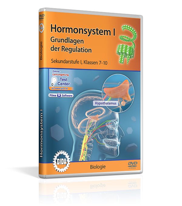 DVD-Cover zum Thema Hormonsystem I, zeigt den menschlichen Kopf mit hervorgehobenem Hypothalamus und grafischen Elementen zur Regulation.