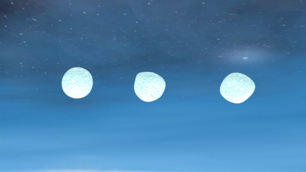 Drei leuchtende, runde Objekte im Himmel, vor einem blauen Hintergrund mit Sternen.