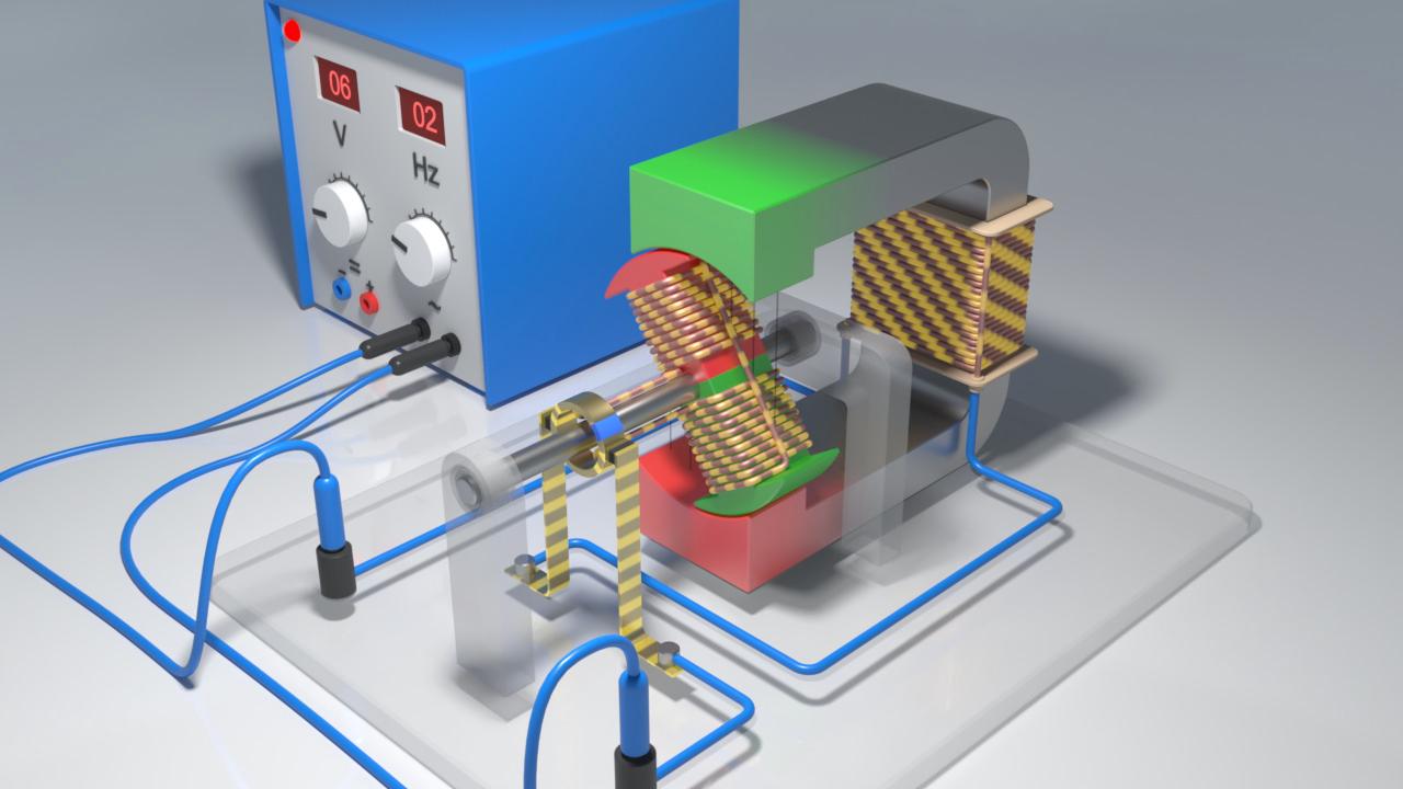 Schematische Darstellung eines Elektromotors mit Spulen, Magneten und einer Stromquelle.