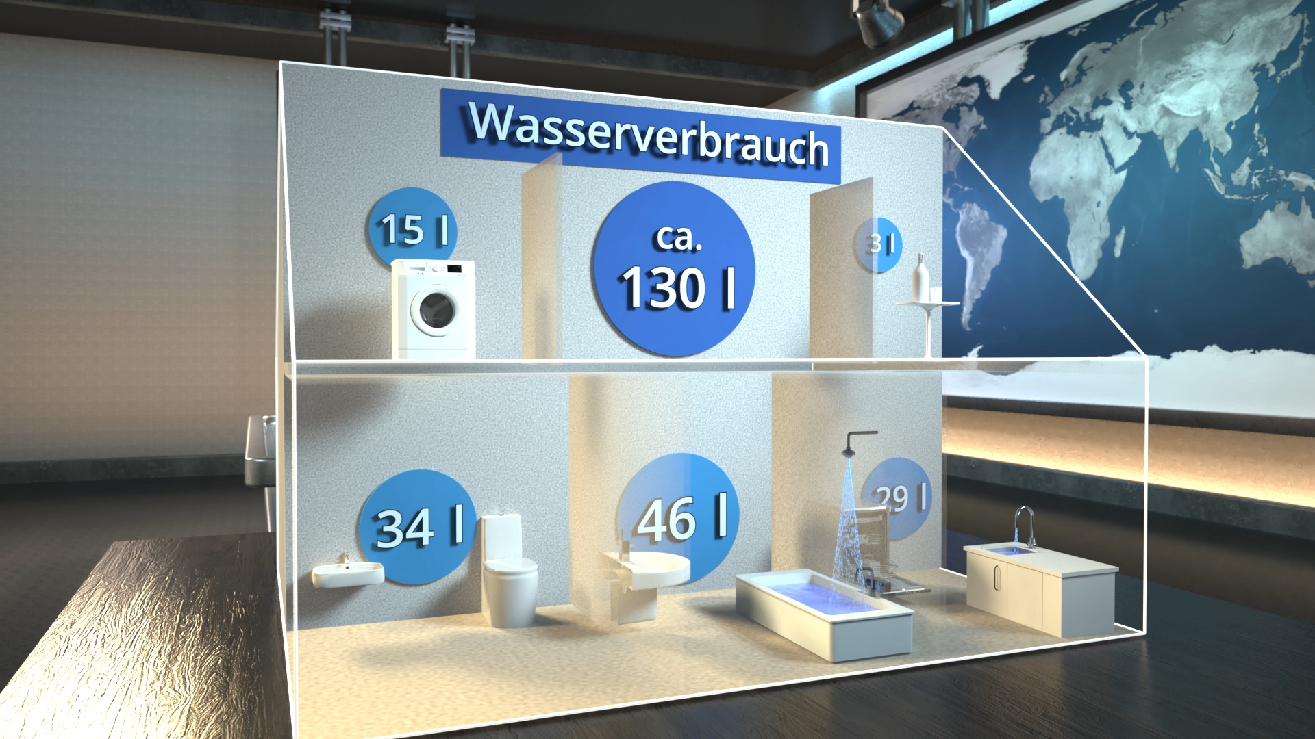 3D-Darstellung eines Hauses mit blauen Kreisen und Zahlen zum Wasserverbrauch verschiedener Haushaltsgeräte und Sanitäranlagen.