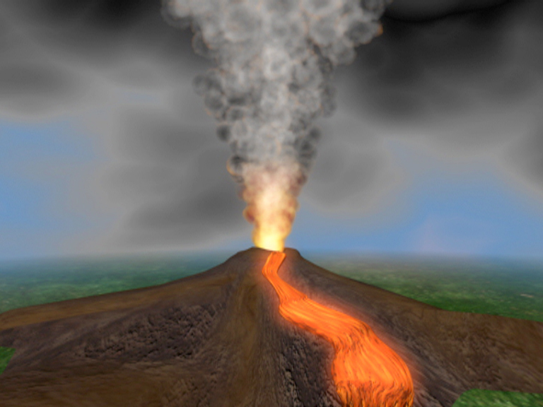 Ein aktiver Vulkan spuckt Lava und Rauch in den Himmel.
