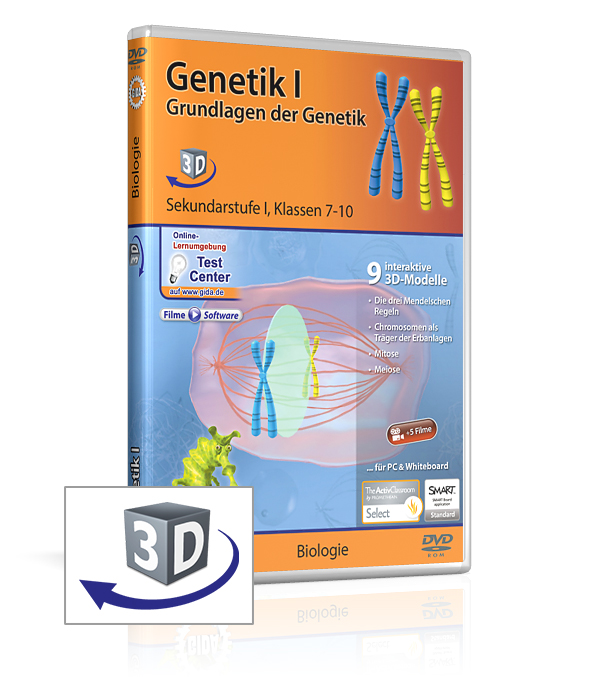 DVD-Cover für 'Genetik I: Grundlagen der Genetik' mit 3D-Modellen und interaktiven Inhalten für Schüler der Klassen 7-10.