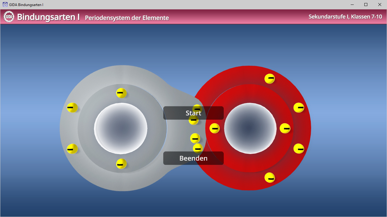 Interaktive Darstellung von Bindungsarten im Periodensystem der Elemente, mit grauen und roten Elementen und Symbolen.