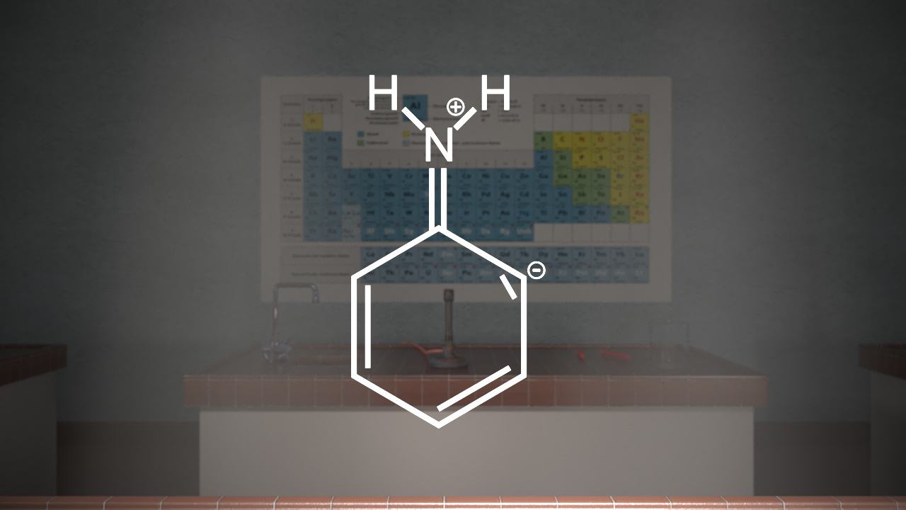 Chemische Struktur von Anilin mit Wasserstoff- und Stickstoffatomen, im Hintergrund ein Periodensystem.