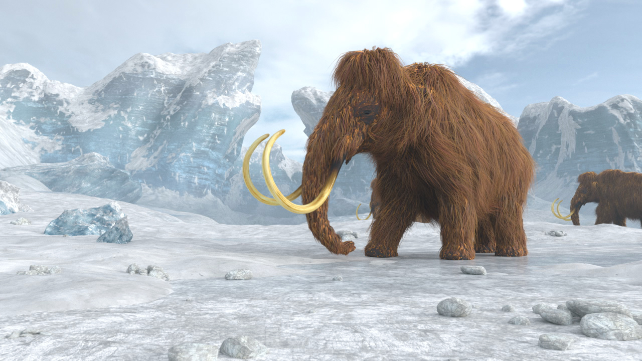 Ein Mammut mit langen, gebogenen Stoßzähnen steht auf einer schneebedeckten Fläche, umgeben von Eis und Schnee.