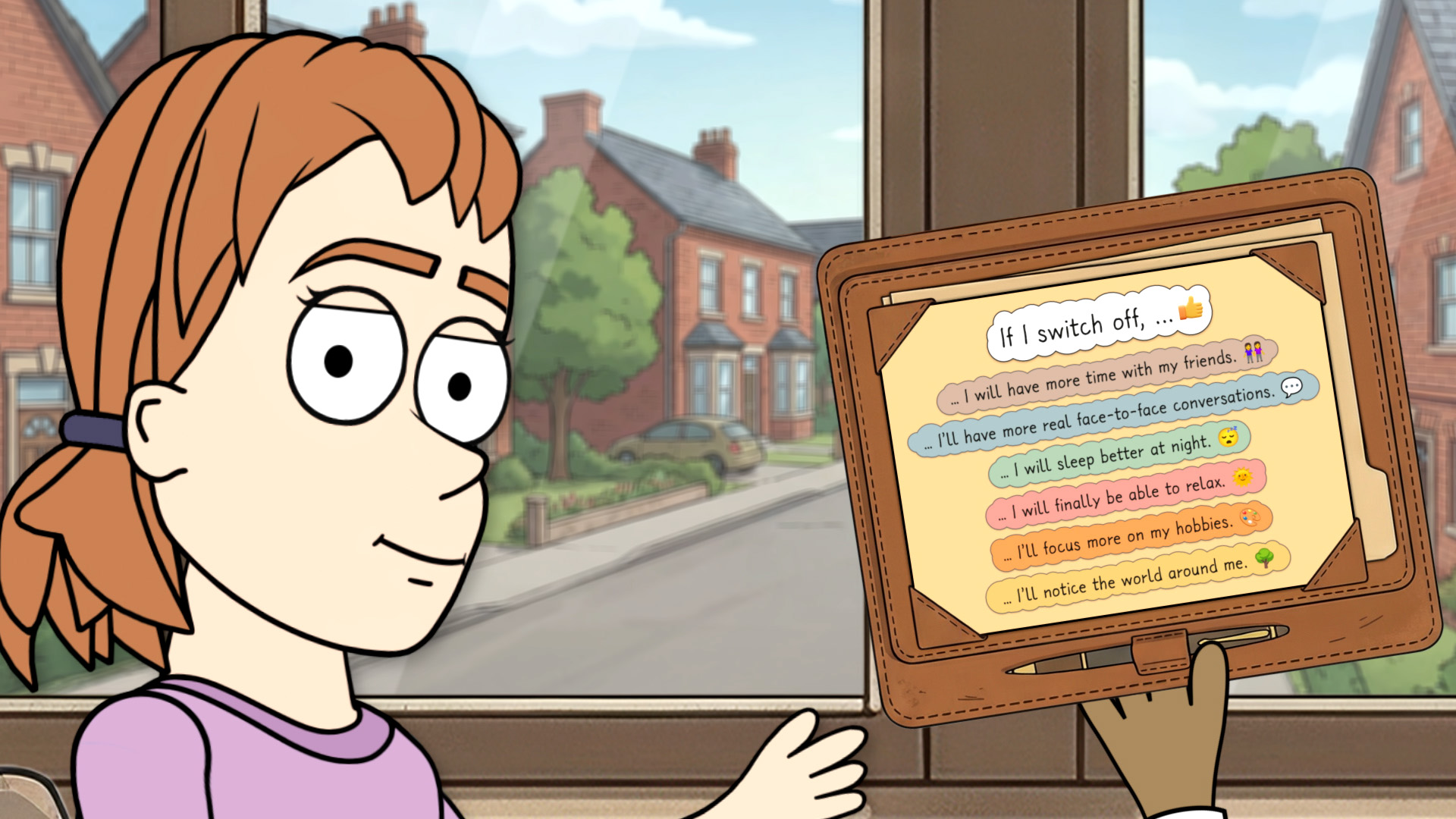 Animierte Person – Clara – mit roten Haaren und lila Pullover blickt aus einem Fenster auf eine ruhige Wohnstraße, eine Hand hält eine Tafel mit Texten zu Vorteilen des Abschaltens von Geräten.