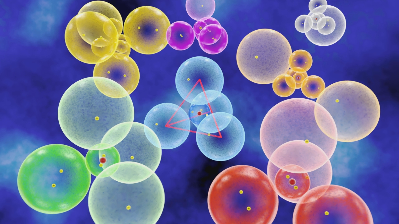 Darstellung von Molekülen und Atomen in verschiedenen Farben und Größen auf einem blauen Hintergrund.
