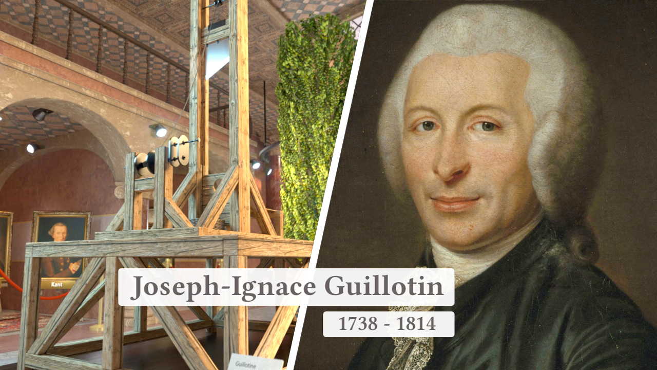 Porträt von Joseph-Ignace Guillotin neben einer Darstellung der Guillotine, die er vorgeschlagen hat.