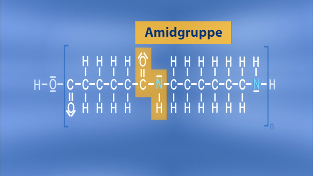 Chemische Struktur einer Amidgruppe mit Wasserstoff- und Kohlenstoffatomen, hervorgehoben in gelber Schrift.