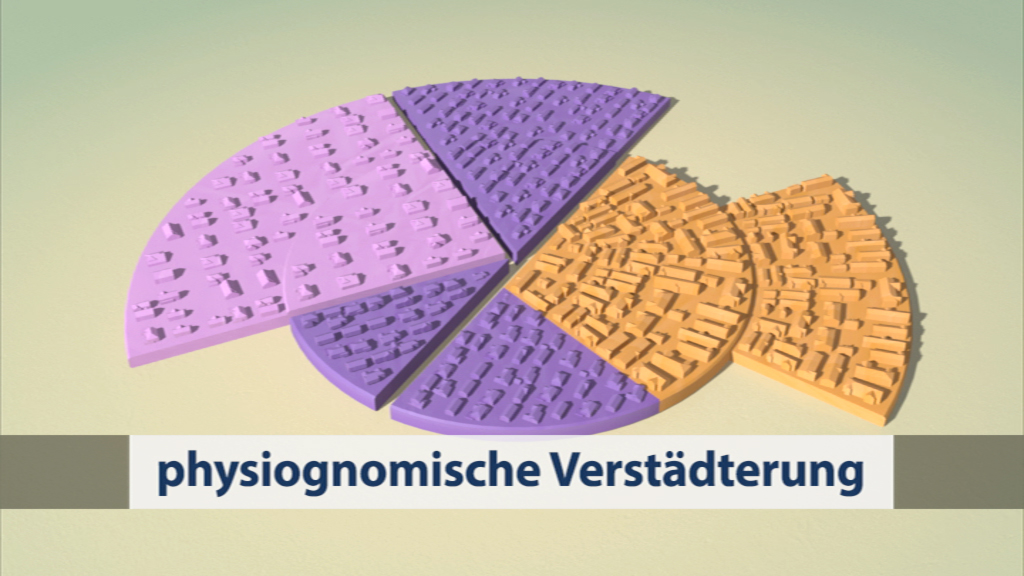 Kreisdiagramm zur physiognomischen Verstädterung, bestehend aus lila und orangefarbenen Segmenten mit strukturierten Oberflächen.