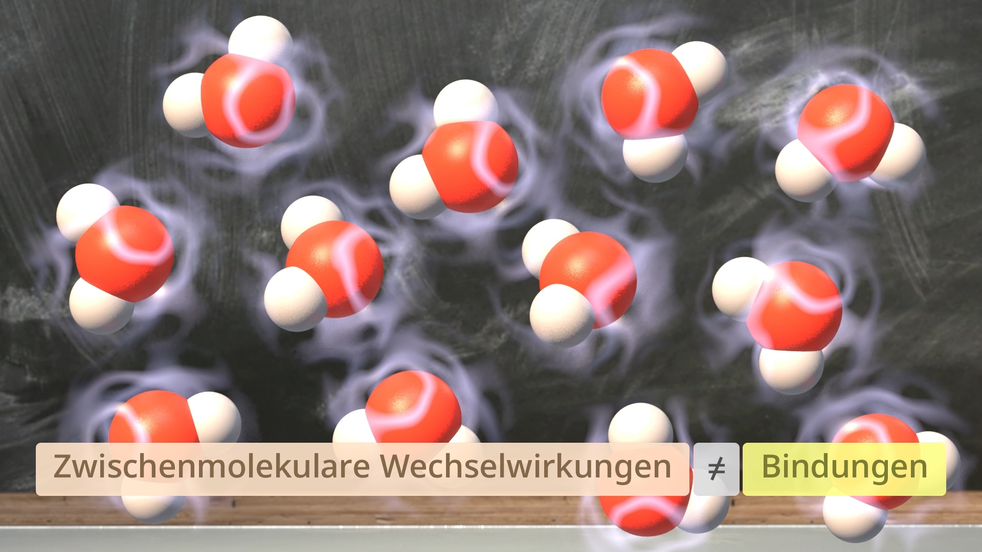 Darstellung von Wassermolekülen mit Wasserstoff- und Sauerstoffatomen, um intermolekulare Wechselwirkungen zu veranschaulichen.