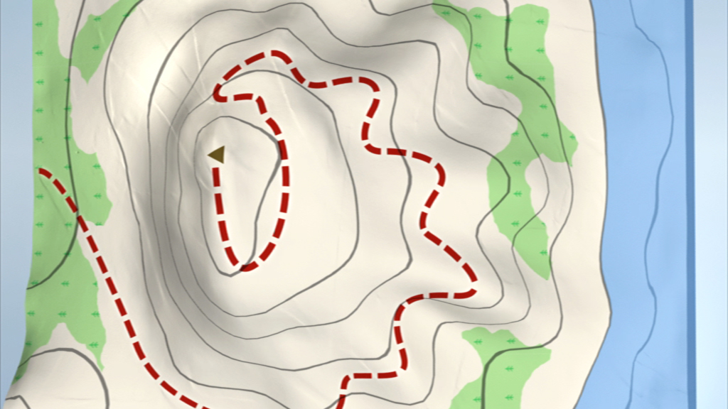 Topografische Karte mit roten Linien, die einen Wanderweg durch hügeliges Gelände zeigen.