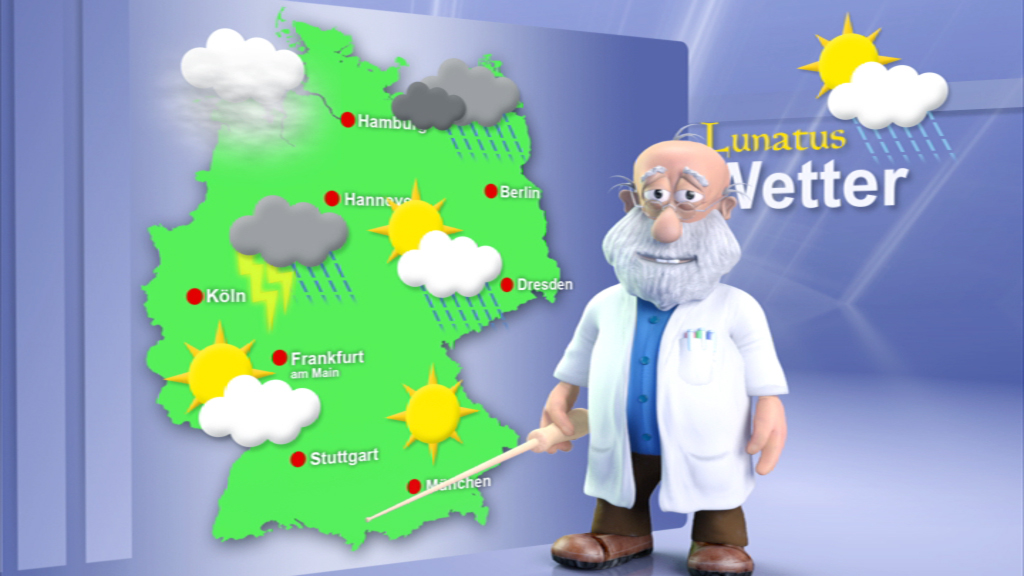 Ein animierter Wetterexperte mit Brille und Bart zeigt eine Wetterkarte von Deutschland mit verschiedenen Wetterbedingungen.