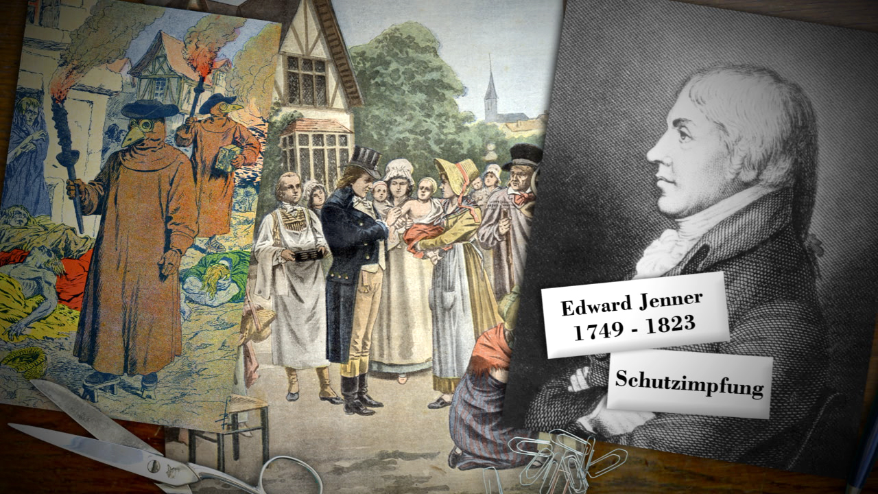 Historische Illustrationen über Edward Jenner, der die Pockenimpfung entwickelte, mit Porträt und Szenen aus seiner Zeit.