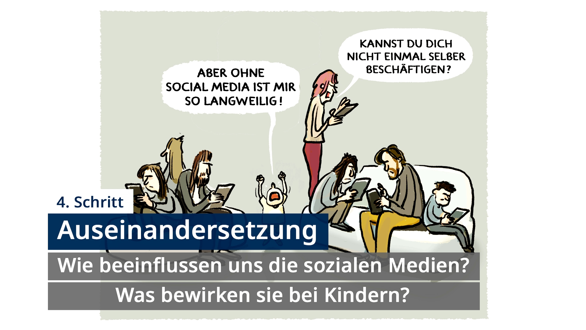 Mehrere Personen sitzen und stehen mit Smartphones und Tablets, eine Person ruft 'Aber ohne Social Media ist mir so langweilig', eine andere fragt 'Kannst du dich nicht einmal selber beschäftigen', darunter Text '4. Schritt Auseinandersetzung: Wie beeinfl
