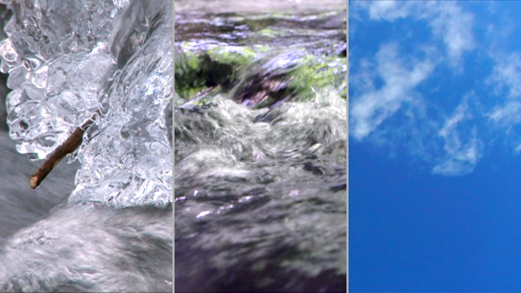 Drei Panels: links gefrorenes Wasser mit einem Ast, in der Mitte fließendes Wasser mit grünem Bewuchs, rechts ein klarer blauer Himmel mit Wolken.