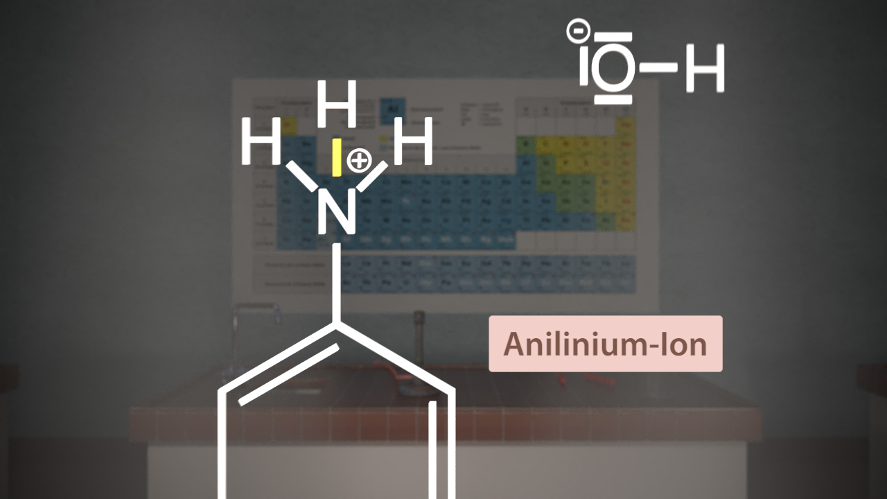 Darstellung des Anilinium-Ions mit chemischen Formeln und Strukturformel im Hintergrund.