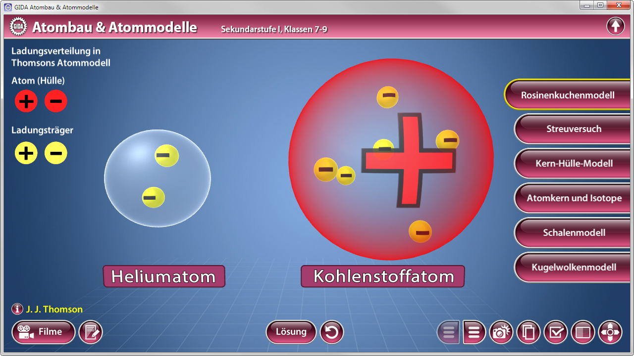 Darstellung von Atommodellen: Heliumatom links mit zwei Elektronen und Kohlenstoffatom rechts mit sechs Elektronen und Protonen.