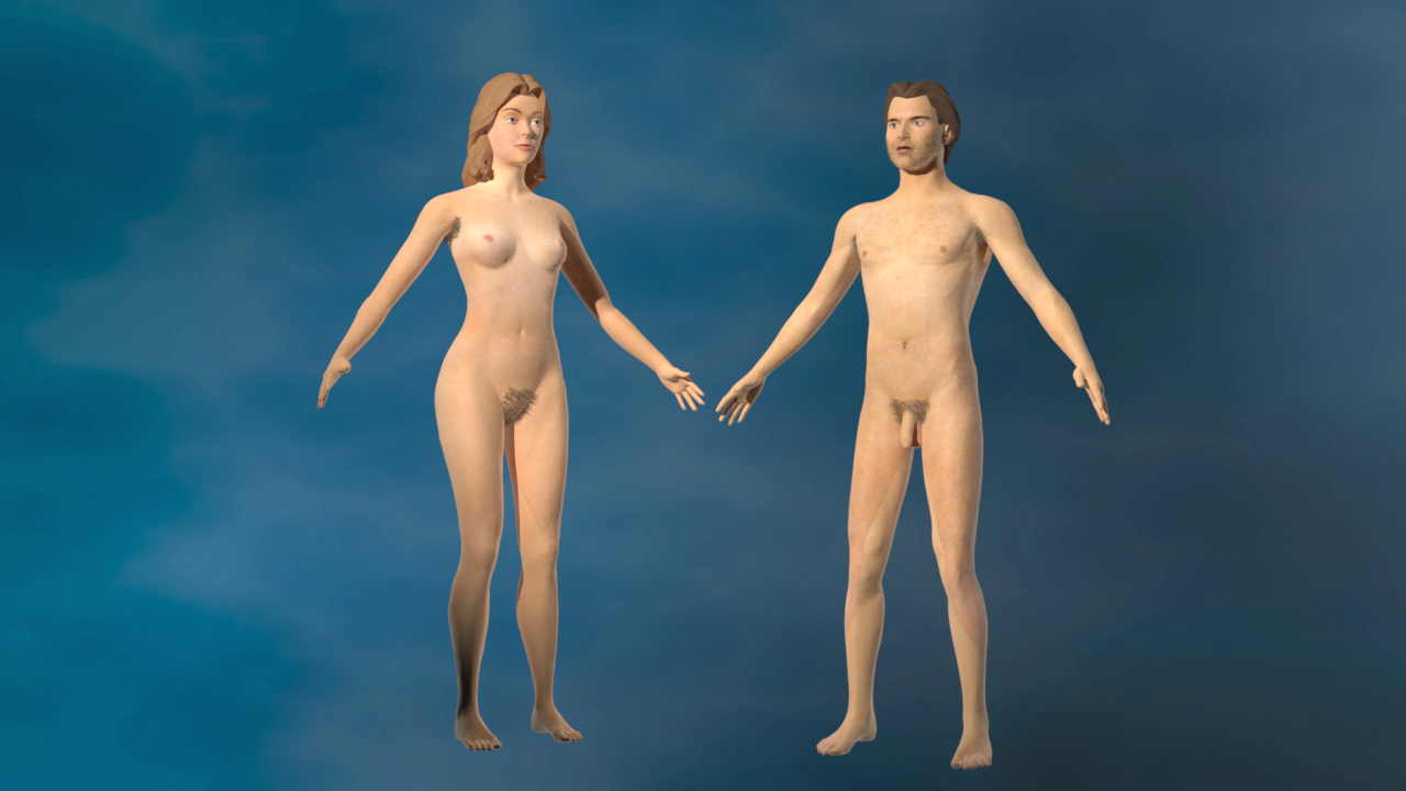 Zwei 3D-animierte Figuren, eine weibliche und eine männliche, stehen nebeneinander in neutraler Pose.