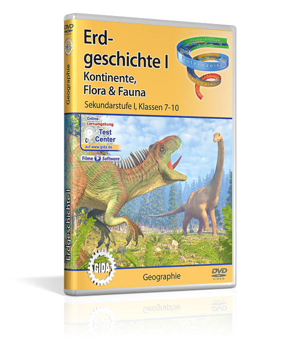 Erdgeschichte I - Kontinente, Flora & Fauna DVD-Cover für 'Erdgeschichte I', zeigt Dinosaurier und Landschaften, thematisiert Kontinente, Flora und Fauna.