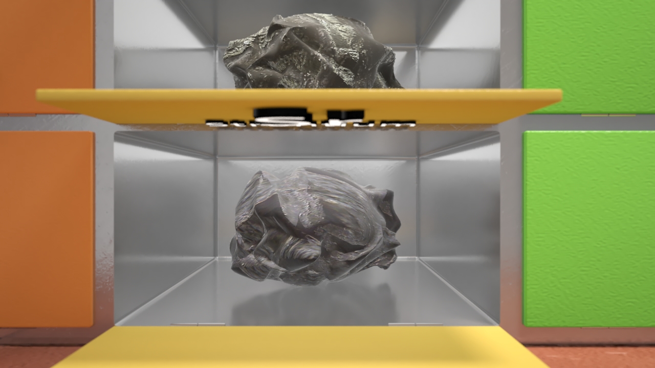 Zwei unregelmäßige Steine in einer transparenten Box, einer oben in Grau und einer unten in Schwarz, umgeben von bunten Wänden.
