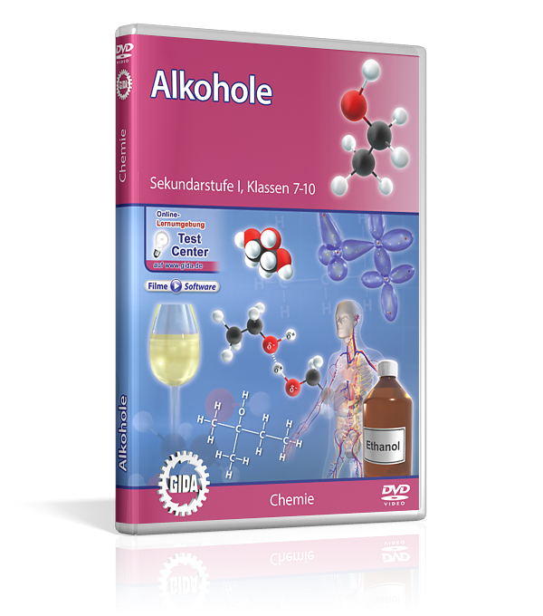 DVD-Cover für Chemie über Alkohole, zeigt chemische Strukturen und Ethanol.