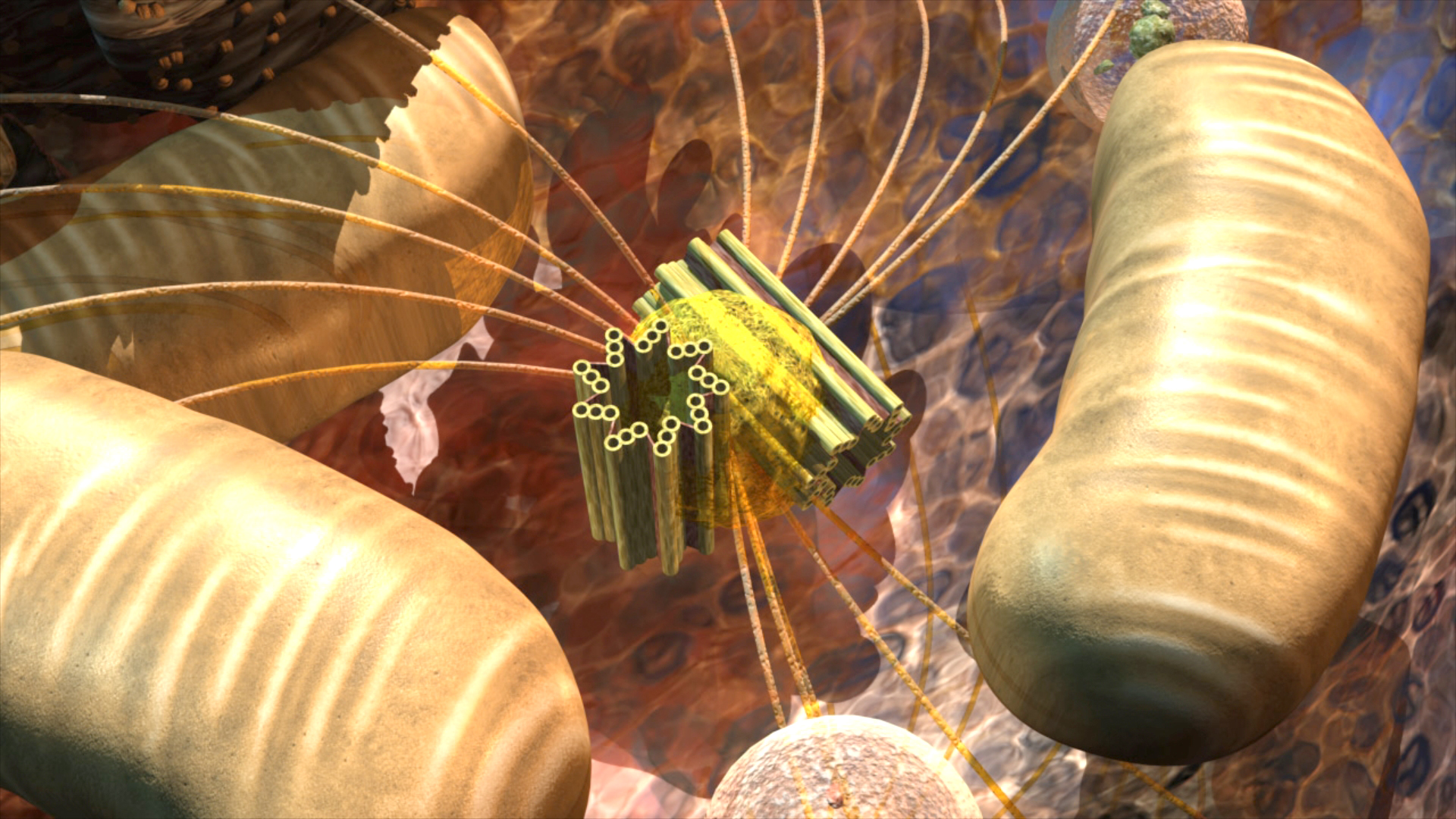 Grafische Darstellung von Mitochondrien mit Energieerzeugung durch ATP-Synthese.