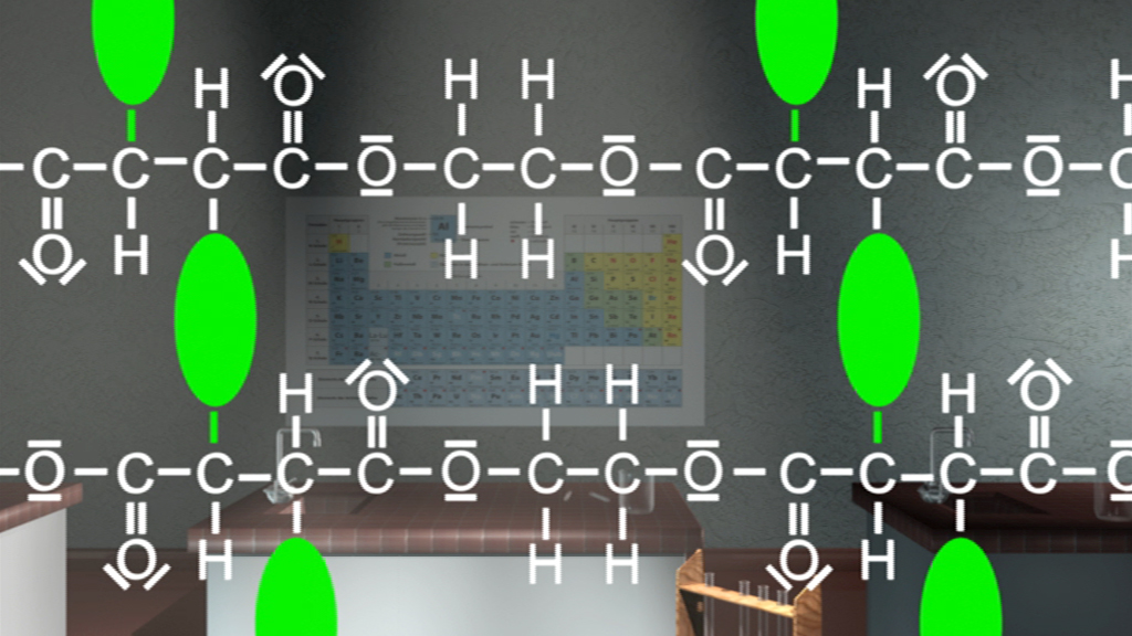 Molekülstruktur mit Wasserstoff- und Kohlenstoffatomen, im Hintergrund ein Periodensystem.