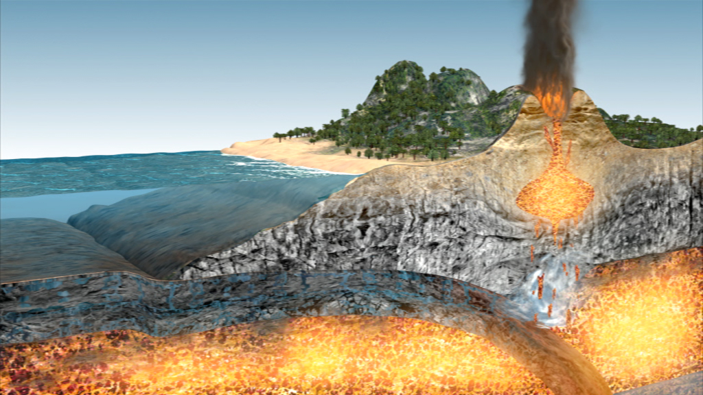 Grafik eines Vulkanausbruchs mit Lava, die aus dem Krater fließt, und einer Küstenlandschaft im Hintergrund.