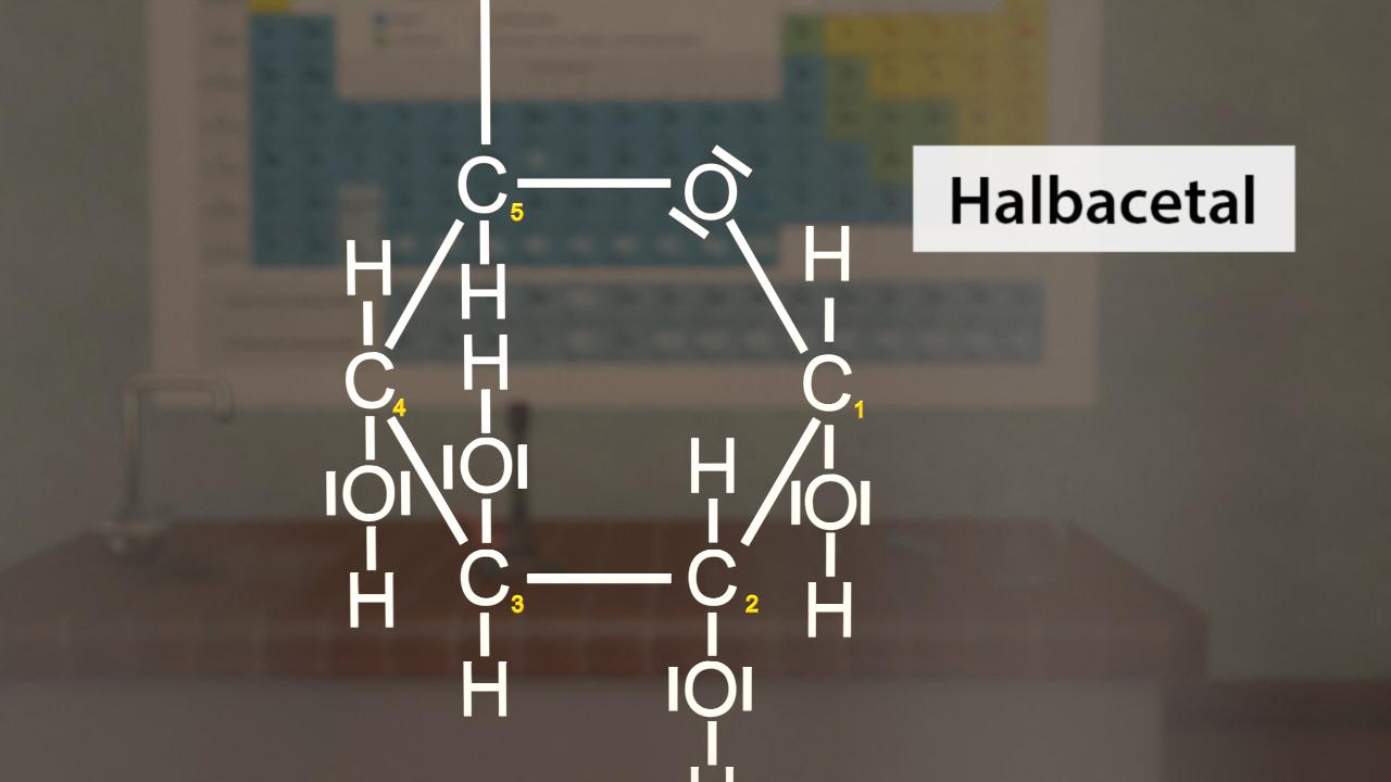 Chemische Struktur eines Halbacetals mit nummerierten Kohlenstoffatomen und Hydroxylgruppen.